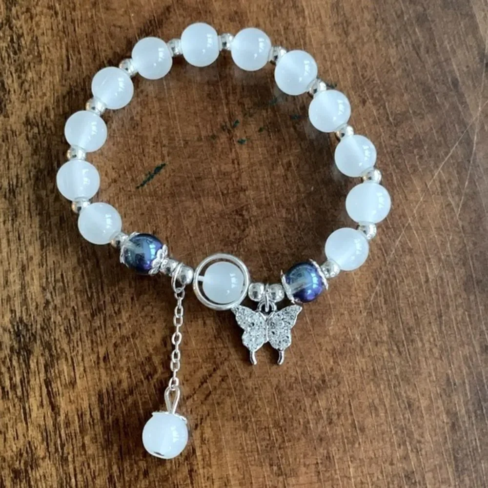 Milky White & Purple Beaded Bracelet with Butterfly Charm